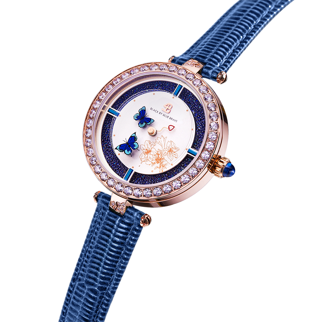 Butterfly Lovers 34mm Blue Dial Moving Butterfly Hands Leather Strap Watch - 4B11114 - side view - Black By Blue Brave