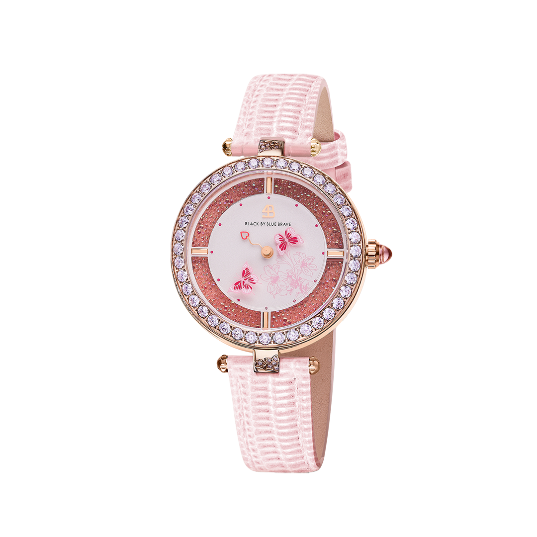 Butterfly Lovers 34mm Pink Dial Moving Butterfly Hands Leather Strap Watch - 4B11115 - front - Black By Blue Brave
