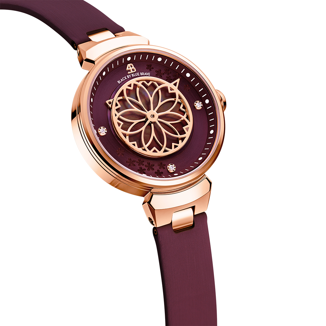 Cherry Blossom Ruby Red Mother Of Pearl Dial Sakura Petal Hand Leather Strap Watch - 4B11102 - side view - Black By Blue Brave