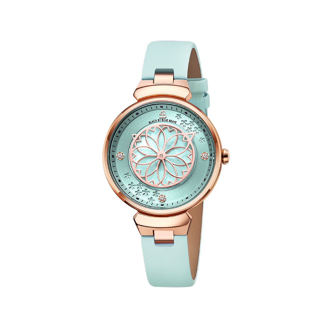 Cherry Blossom Blue Mother Of Pearl Dial Sakura Petal Hand Leather Strap Watch - 4B11103 - front - Black By Blue Brave