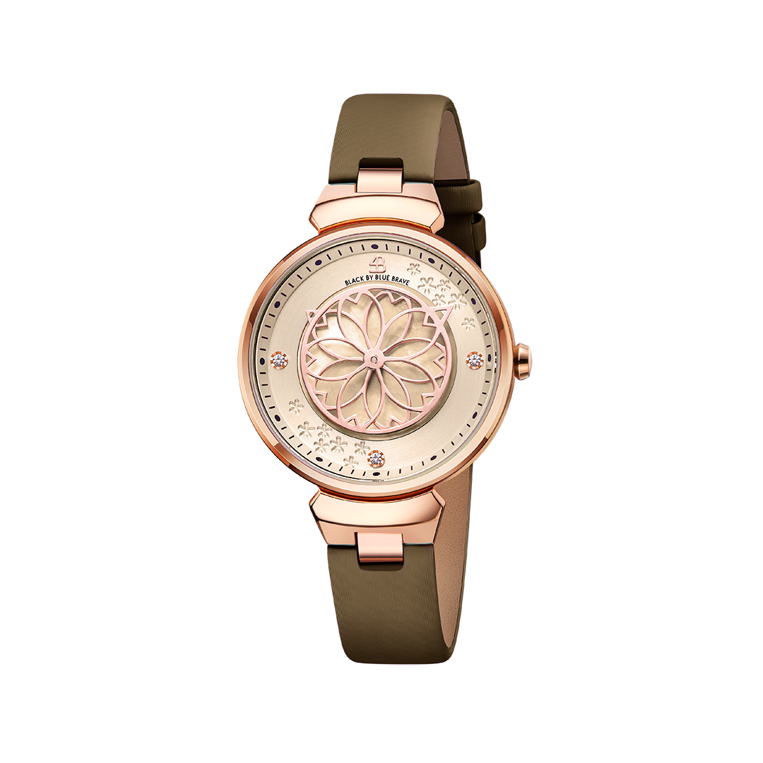 Cherry Blossom Champagne Mother Of Pearl Dial Sakura Petal Hand Leather Strap Watch - 4B11104 - front - Black By Blue Brave