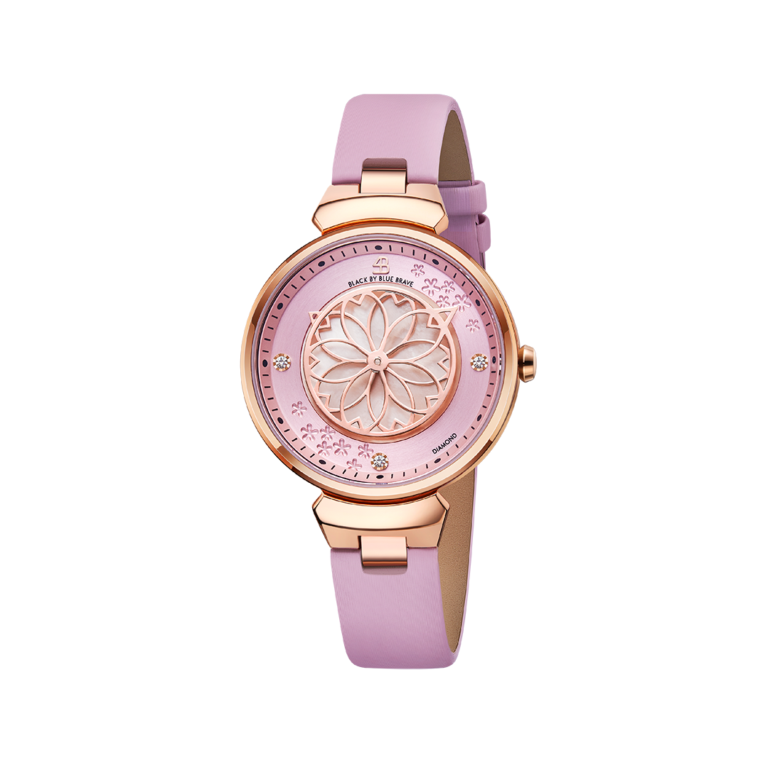 Cherry Blossom Pink Mother Of Pearl Dial Genuine Diamonds Sakura Petal Hand Leather Strap Watch - 4B11105 - front - Black By Blue Brave