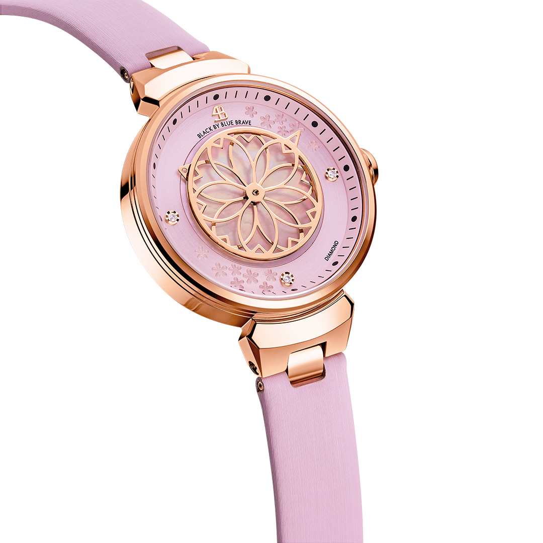 Cherry Blossom Pink Mother Of Pearl Dial Genuine Diamonds Sakura Petal Hand Leather Strap Watch - 4B11105 - side view - Black By Blue Brave