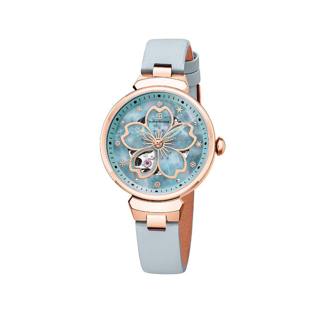 Cherry Blossom 36mm Blue Mother Of Pearl Dial Leather Strap Automatic Watch - 4B1195 - front - Black By Blue Brave