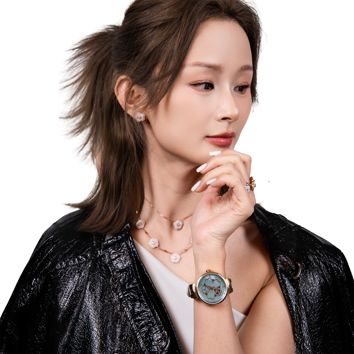 Cherry Blossom 36mm Blue Mother Of Pearl Dial Leather Strap Automatic Watch - 4B1195 - Model wearing - Black By Blue Brave