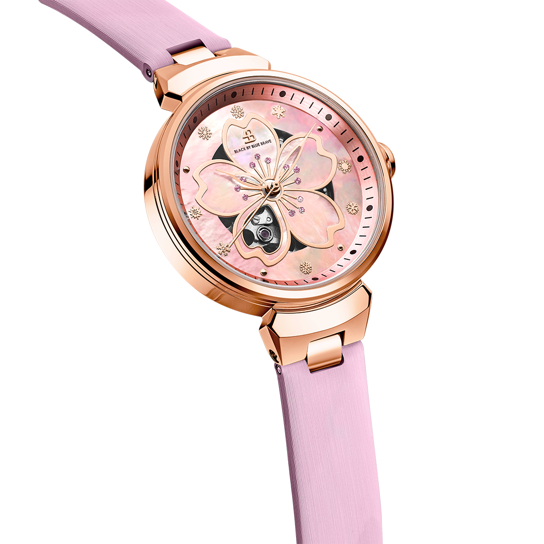 Cherry Blossom 36mm Pink Mother Of Pearl Dial Leather Strap Automatic Watch - 4B1196 - side view - Black By Blue Brave