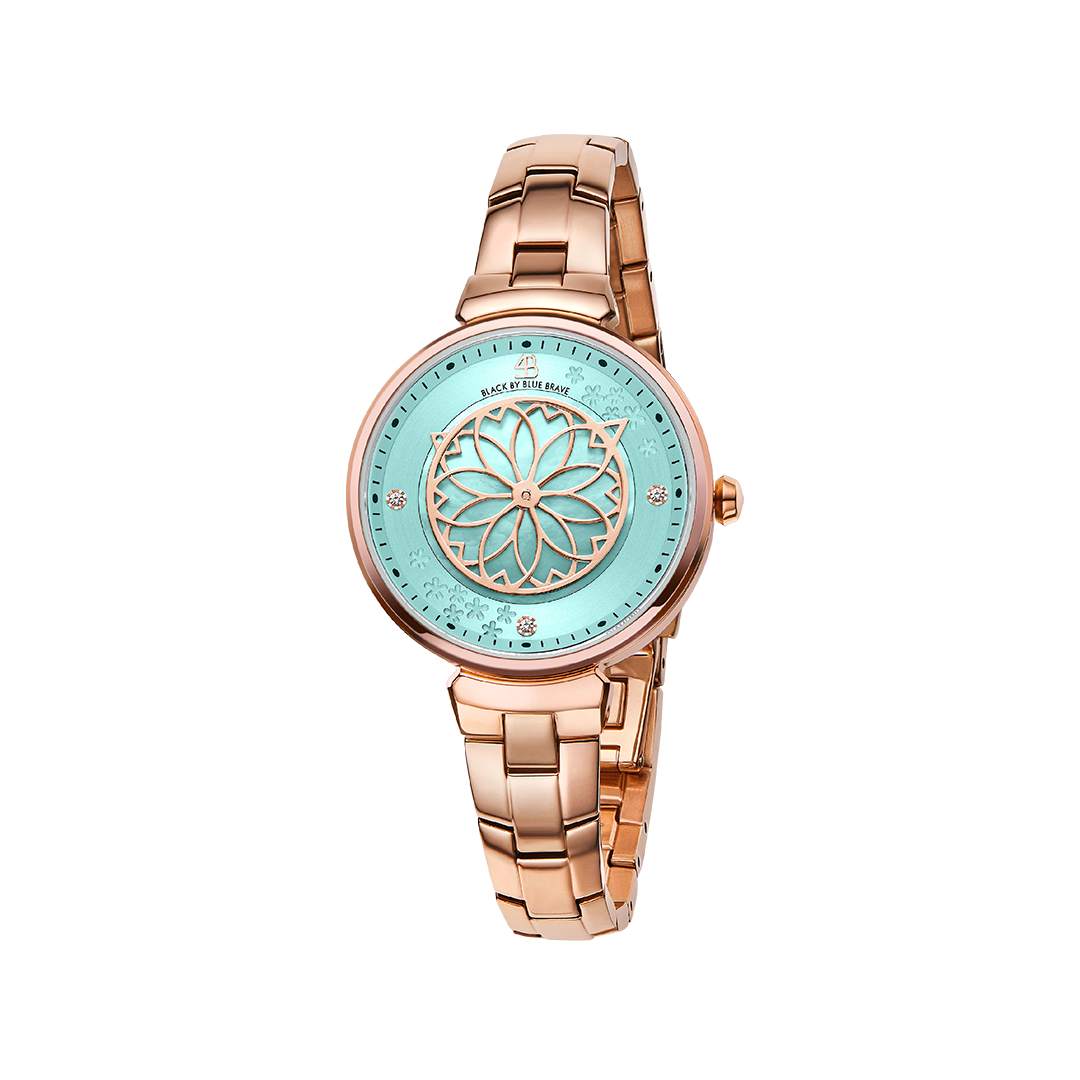 Cherry Blossom 32mm Blue Mother Of Pearl Dial Sakura Petal Hand Rose Gold Bracelet Watch - 4B1207 - front - Black By Blue Brave