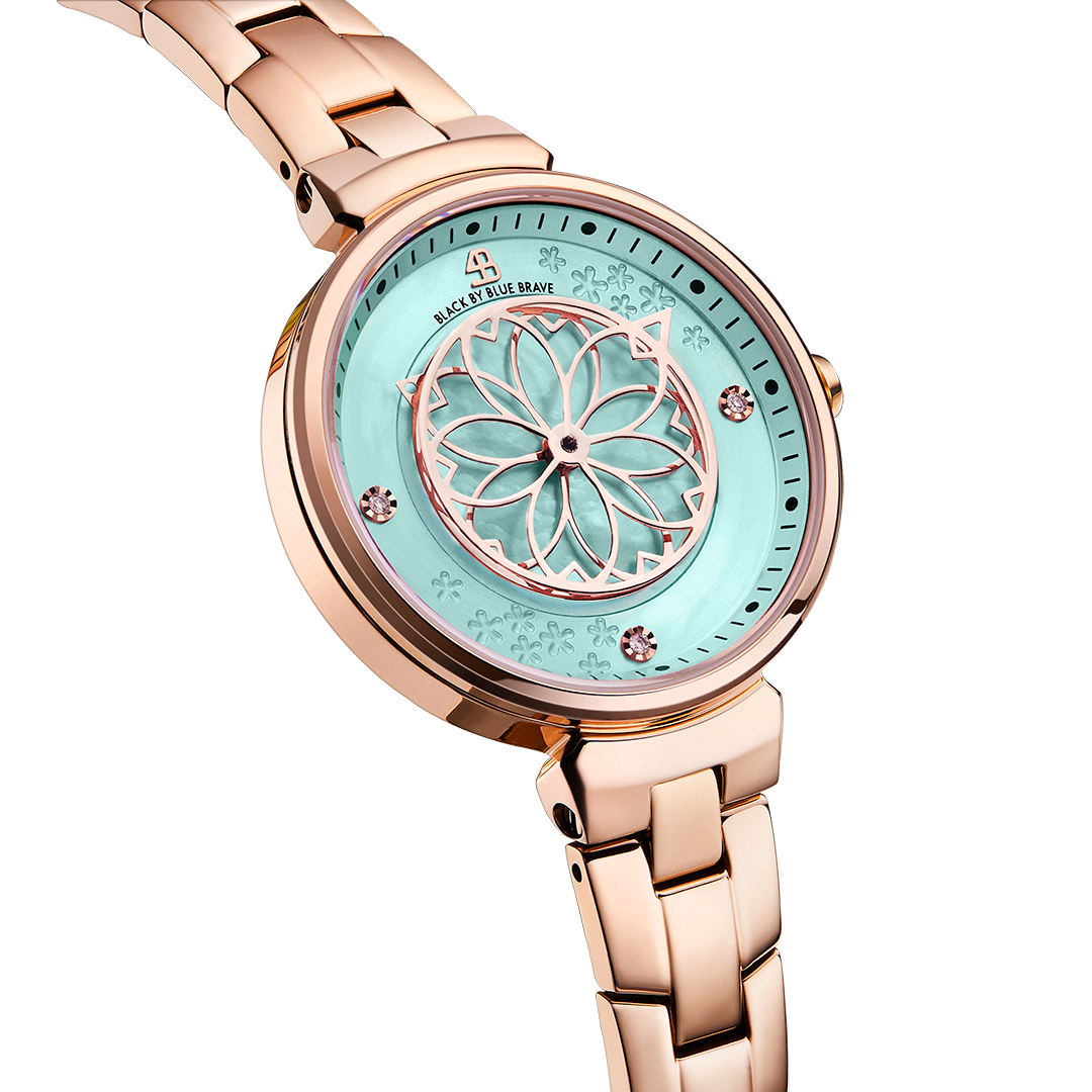 Cherry Blossom 32mm Blue Mother Of Pearl Dial Sakura Petal Hand Rose Gold Bracelet Watch - 4B1207 - side view - Black By Blue Brave