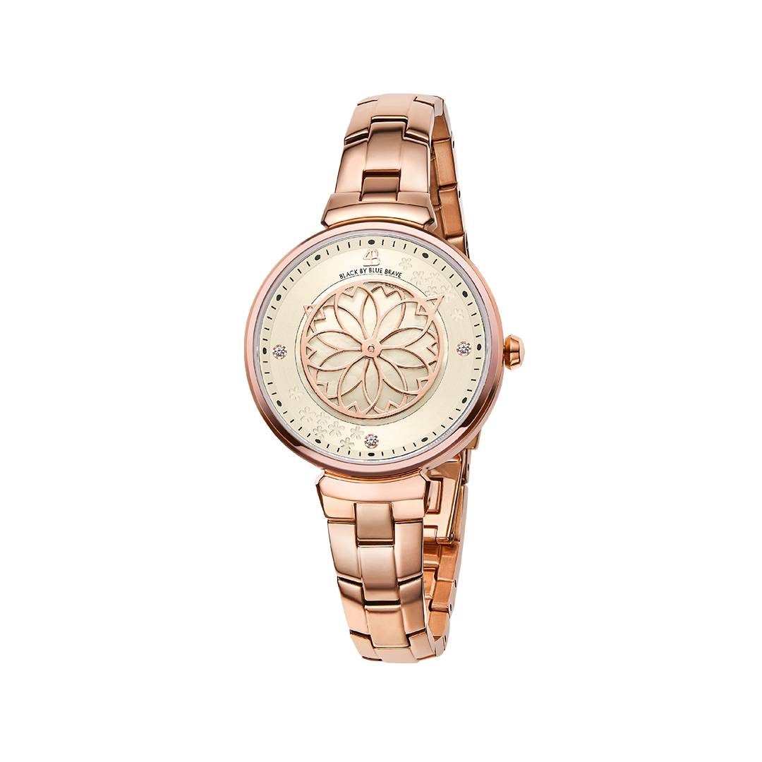 Cherry Blossom 32mm Champagne Mother Of Pearl Dial Sakura Petal Hand Rose Gold Bracelet Watch - 4B1208 - front - Black By Blue Brave