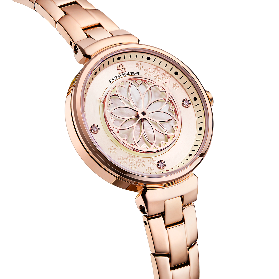 Cherry Blossom 32mm Champagne Mother Of Pearl Dial Sakura Petal Hand Rose Gold Bracelet Watch - 4B1208 - side view - Black By Blue Brave