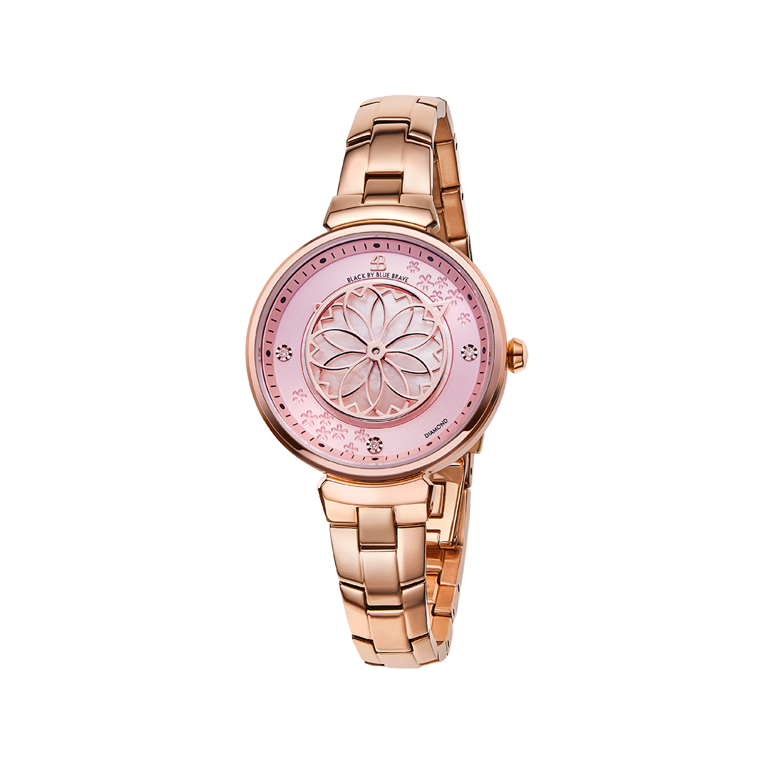 Cherry Blossom 32mm Pink Mother Of Pearl Dial Genuine Diamonds Sakura Petal Hand Rose Gold Bracelet Watch - 4B1210 - front - Black By Blue Brave