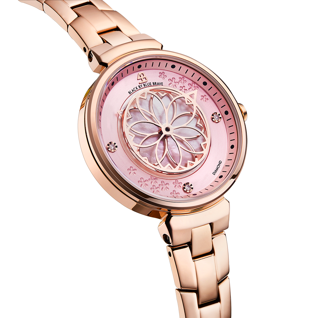 Cherry Blossom 32mm Pink Mother Of Pearl Dial Genuine Diamonds Sakura Petal Hand Rose Gold Bracelet Watch - 4B1210 - side view - Black By Blue Brave