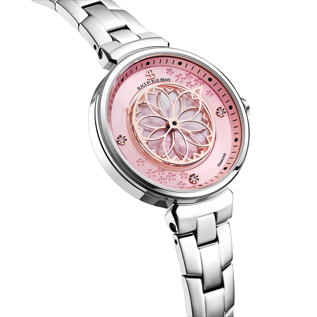 Cherry Blossom 32mm Pink Mother Of Pearl Dial Genuine Diamonds Sakura Petal Hand Silver Bracelet Watch - 4B1212 - side view - Black By Blue Brave