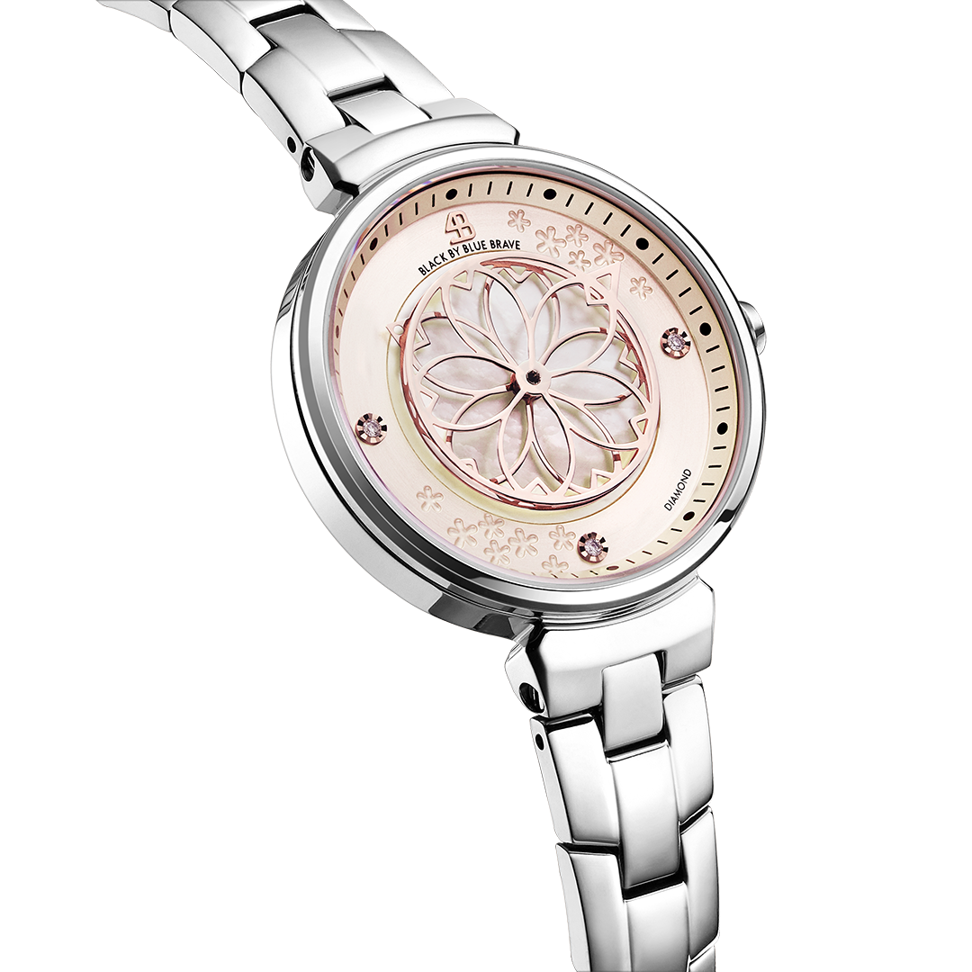 Cherry Blossom 32mm Champagne Mother Of Pearl Dial Genuine Diamonds Sakura Petal Hand Silver Bracelet Watch - 4B1213 - side view - Black By Blue Brave