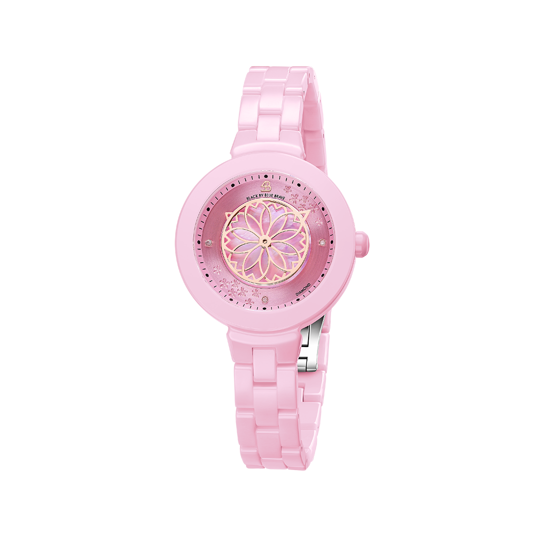 Cherry Blossom 34mm Pink Mother Of Pearl Dial Sakura Petal Hand Ceramic Watch - 4B1230 - front - Black By Blue Brave