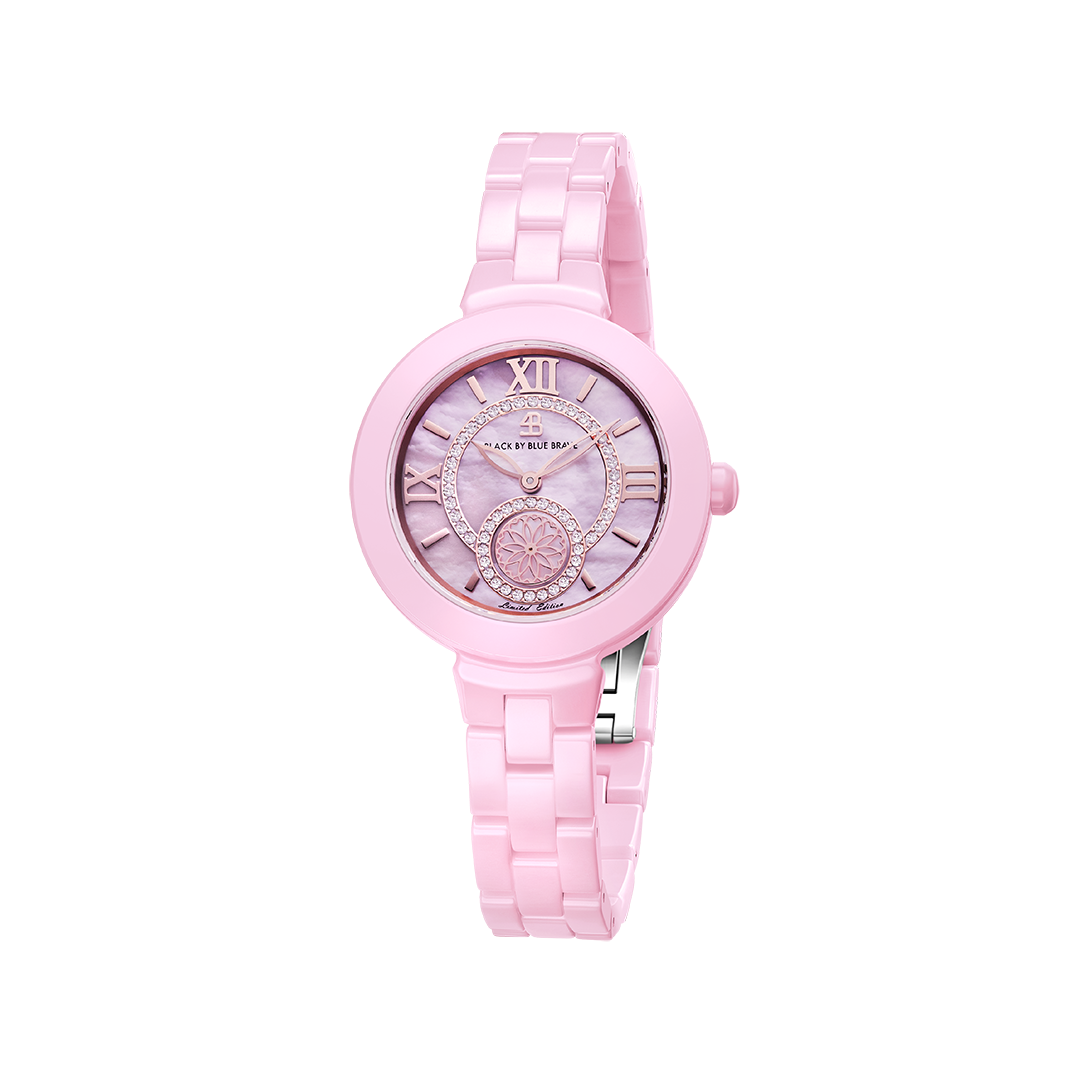 Cherry Blossom 34mm Pink Mother Of Pearl Dial Roma Numeral Ceramic Watch - 4B1231 - front - Black By Blue Brave