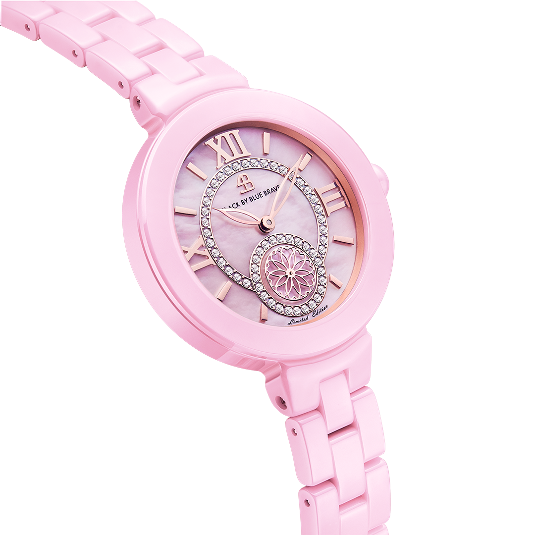 Cherry Blossom 34mm Pink Mother Of Pearl Dial Roma Numeral Ceramic Watch - 4B1231 - side view - Black By Blue Brave