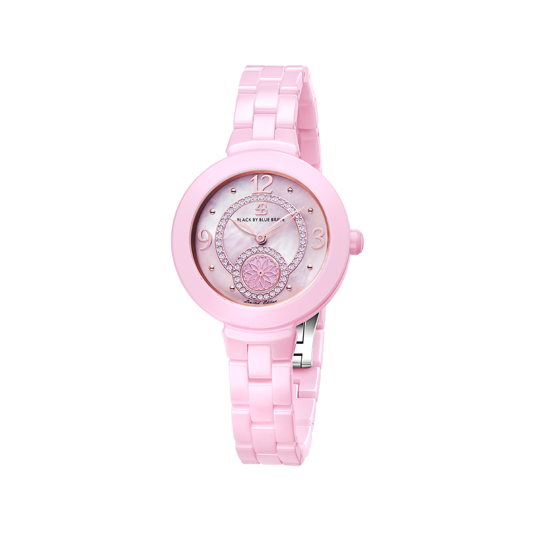 Cherry Blossom 34mm Pink Mother Of Pearl Dial Arabic Numeral Ceramic Watch - 4B1232 - front - Black By Blue Brave