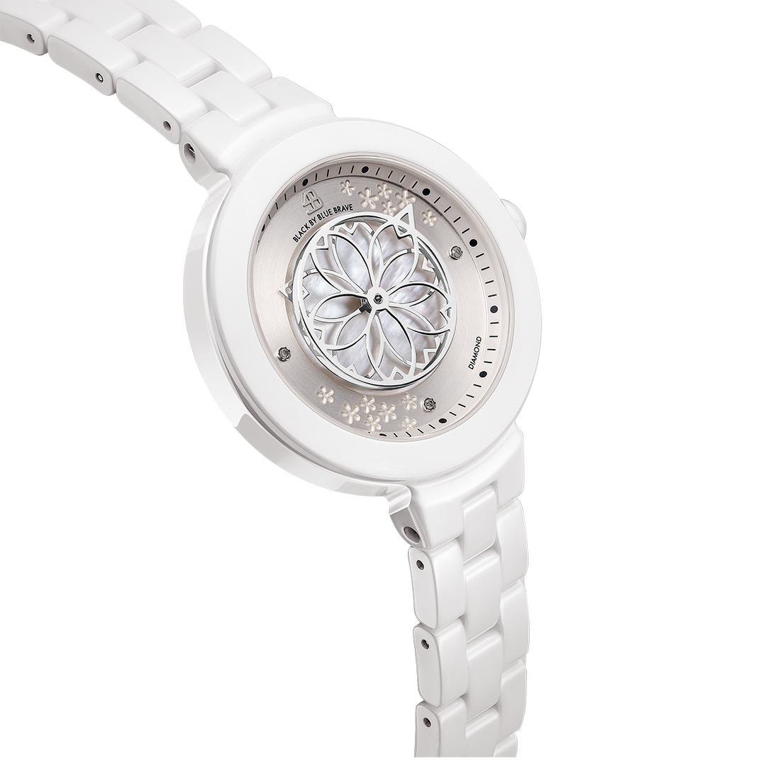 Cherry Blossom Pink Mother Of Pearl Dial Genuine Diamonds Sakura Petal Hand Leather Strap Watch - 4B1236 - side view - Black By Blue Brave