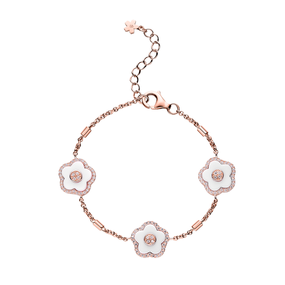 Cherry Blossom Ceramic Three White Ceramic Flowers Rosegold Bracelet 18K Rose Gold Plated - 4B4139 - front - Black By Blue Brave