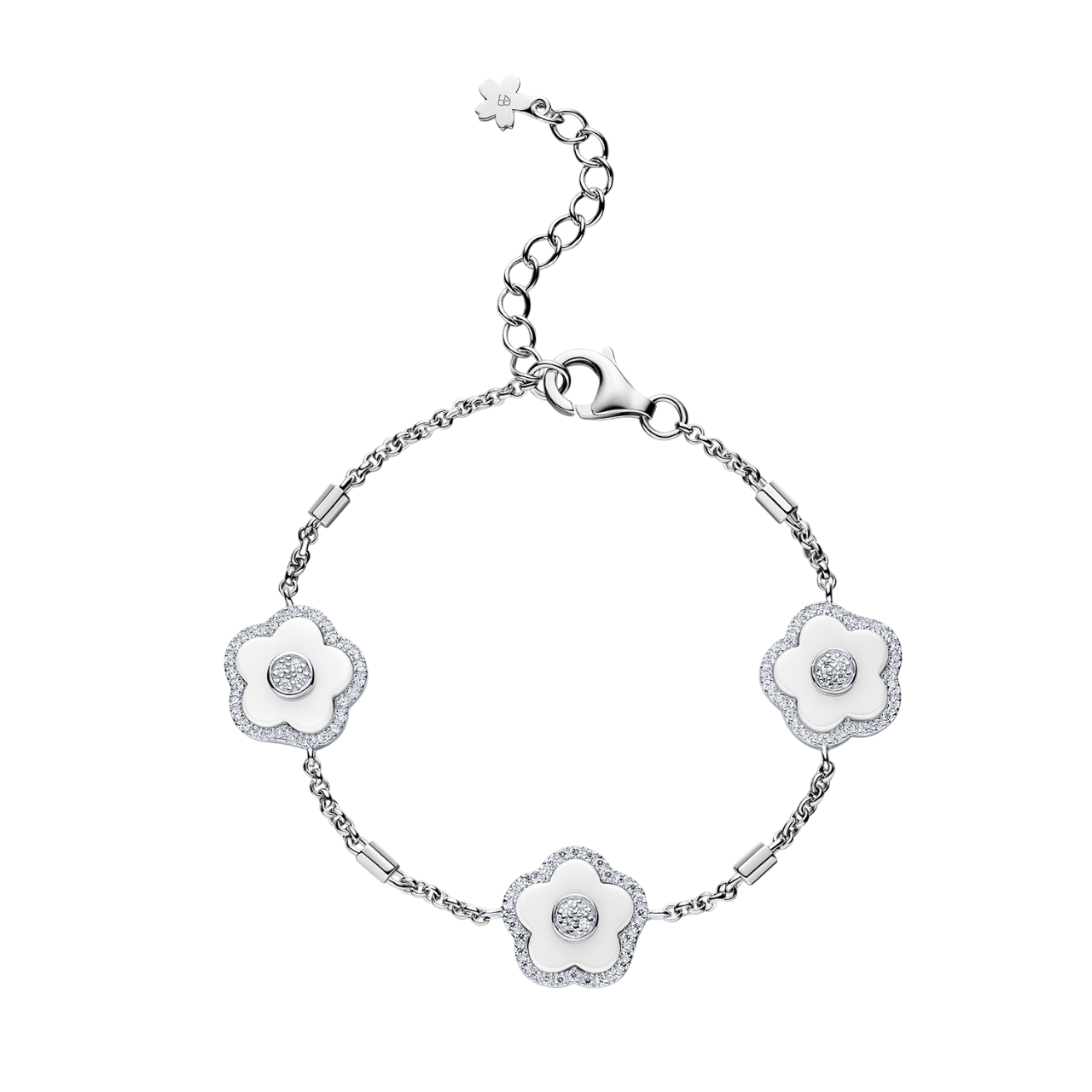 Cherry Blossom Ceramic Three White Ceramic Flowers Silver Bracelet Silver Platinum Plated - 4B4140 - front - Black By Blue Brave

