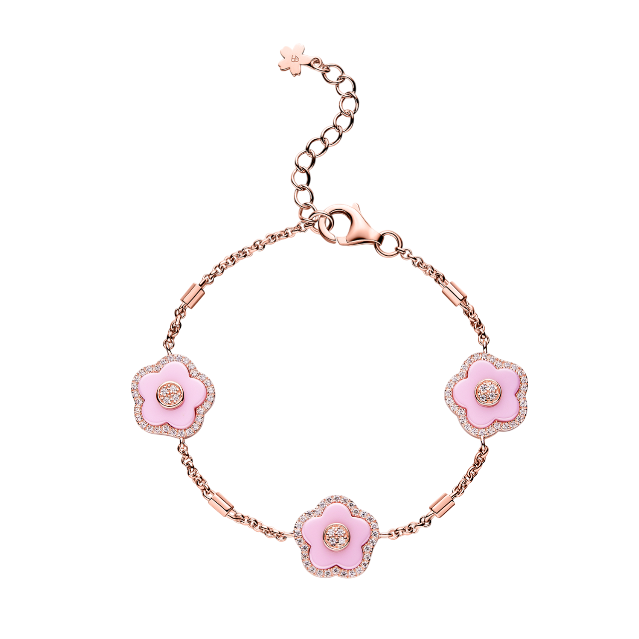 Cherry Blossom Ceramic Three Pink Ceramic Flowers Rosegold Bracelet 18K Rose Gold Plated - 4B4141 - front - Black By Blue Brave