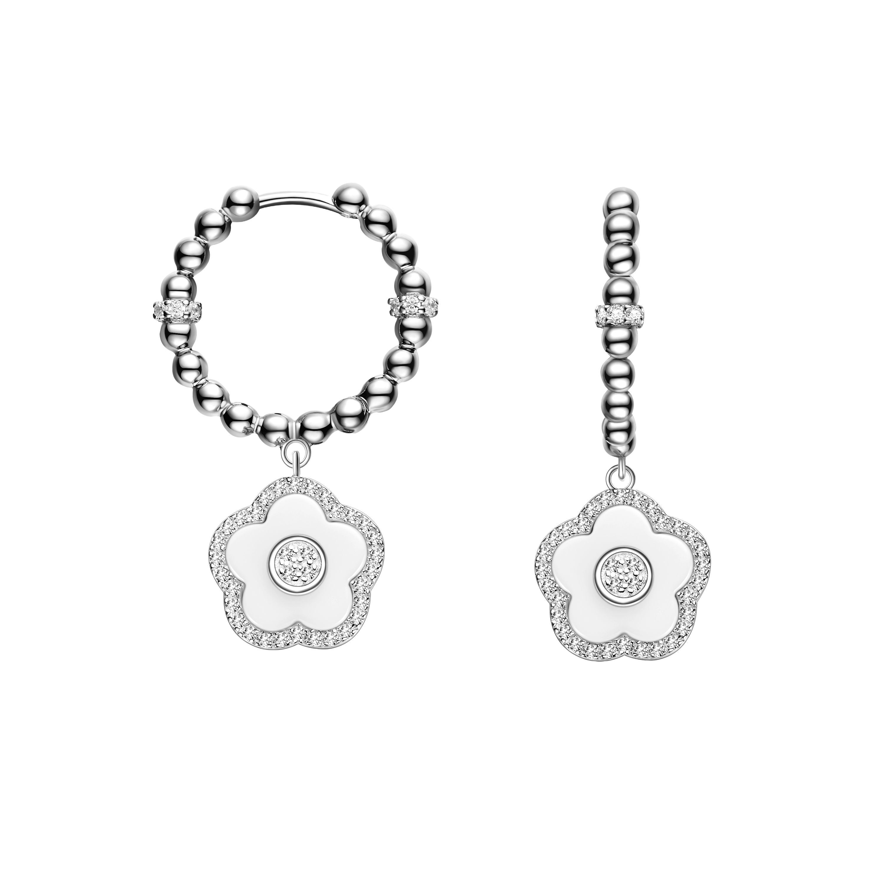 Cherry Blossom Ceramic White Ceramic Flowers Silver Earrings Silver Platinum Plated - 4B4319 - front - Black By Blue Brave
