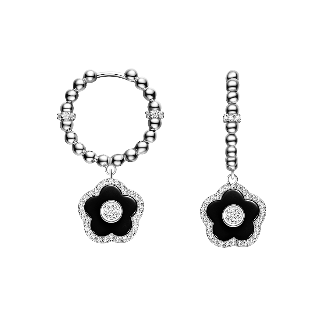 Cherry Blossom Ceramic Black Ceramic Flowers Silver Earrings Silver Platinum Plated - 4B4321 - front - Black By Blue Brave
