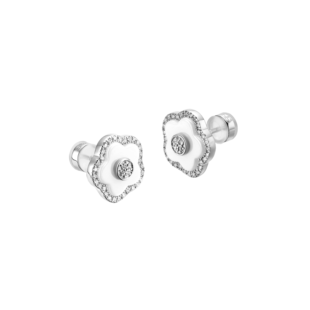 Cherry Blossom Ceramic White Ceramic Flowers Silver Stud Earrings Silver Platinum Plated - 4B4323 - front - Black By Blue Brave
