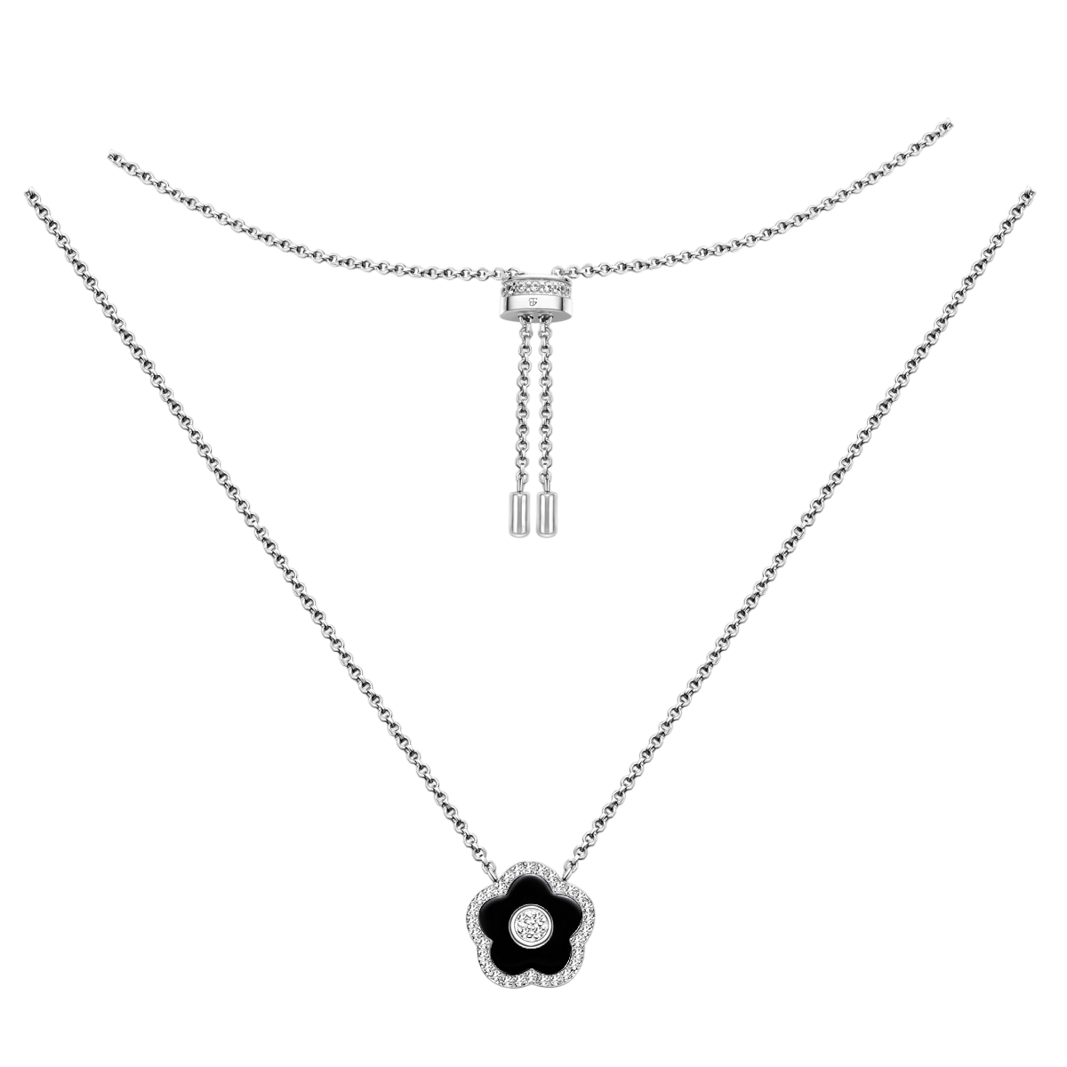 Cherry Blossom Ceramic Black Ceramic Flower Silver Adjustable Necklace Silver Platinum Plated - 4B4313 - front - Black By Blue Brave
