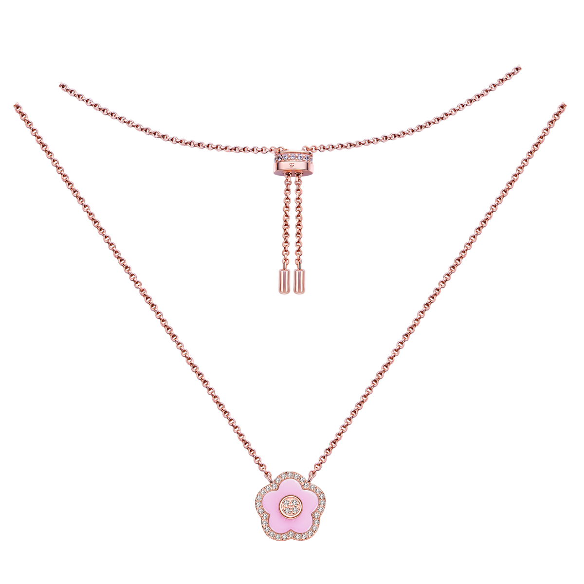 Cherry Blossom Ceramic Pink Ceramic Flower Rose Gold Adjustable Necklace 18K Rose Gold Plated - 4B4314 - front - Black By Blue Brave
