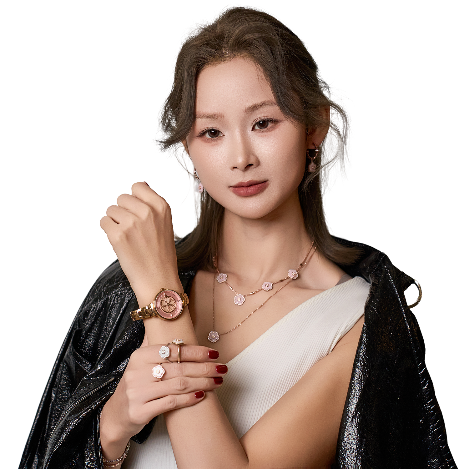 Cherry Blossom Ceramic Pink Ceramic Flower Rose Gold Adjustable Necklace 18K Rose Gold Plated - 4B4314 - Model wearing - Black By Blue Brave
