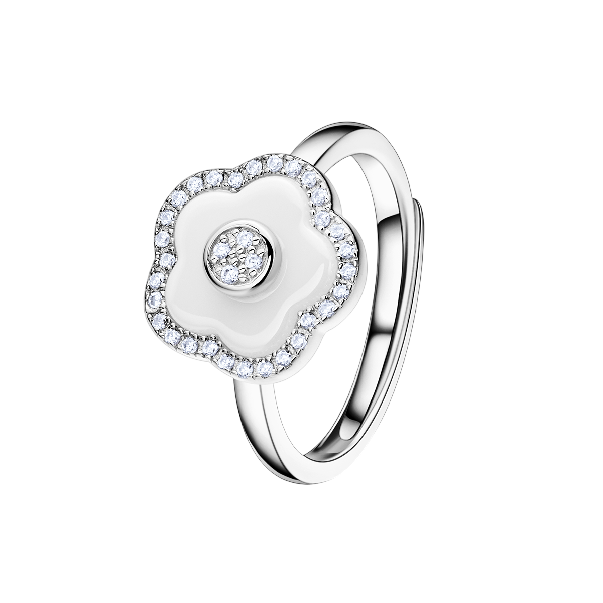 Cherry Blossom Ceramic White Ceramic Flowers Silver Ring Silver Platinum Plated - 4B4151 - front - Black By Blue Brave
