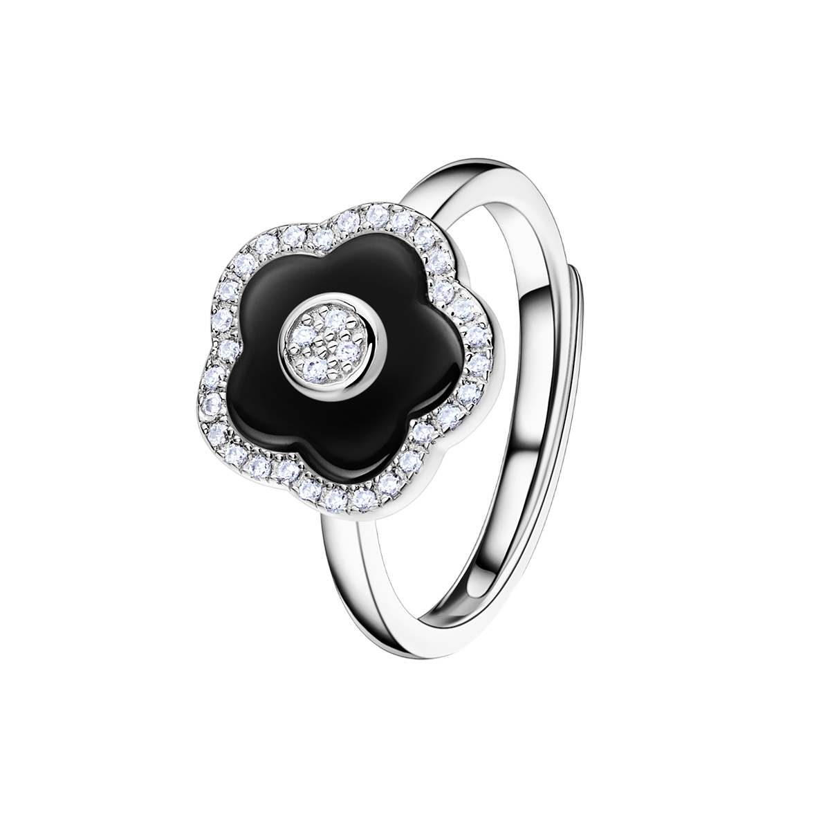 Cherry Blossom Ceramic Black Ceramic Flowers Silver Ring Silver Platinum Plated - 4B4321 - front - Black By Blue Brave
