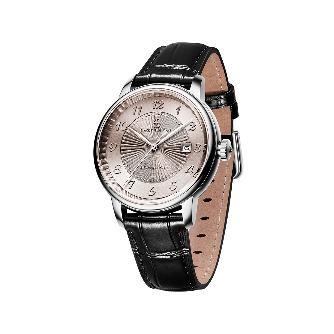 Classic 1986 42mm Flinqué Grey Arabic Dial Black Leather Strap Automatic Watch - 4B1219 - front - Black By Blue Brave