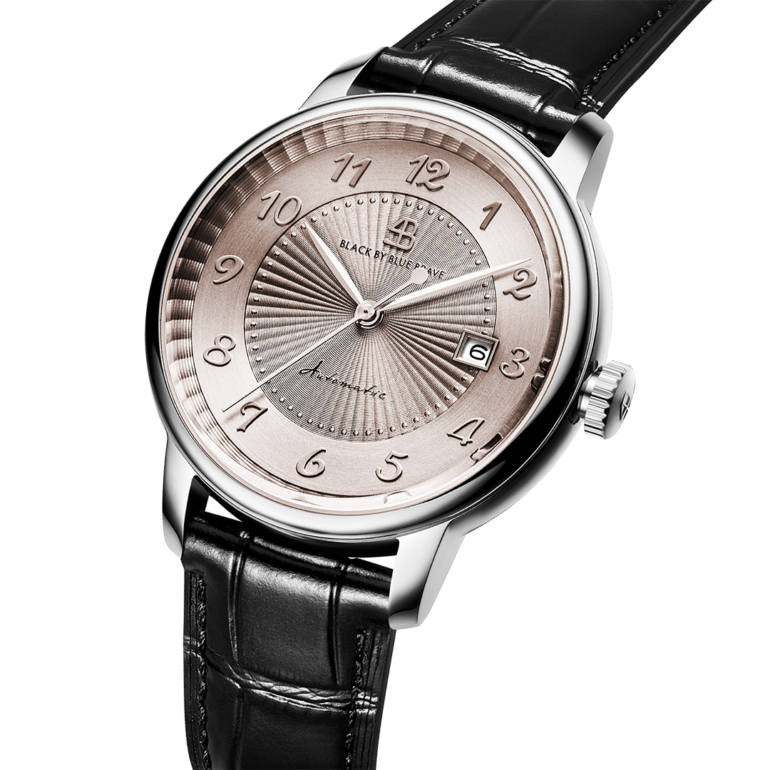 Classic 1986 42mm Flinqué Grey Arabic Dial Black Leather Strap Automatic Watch - 4B1219 - side view - Black By Blue Brave