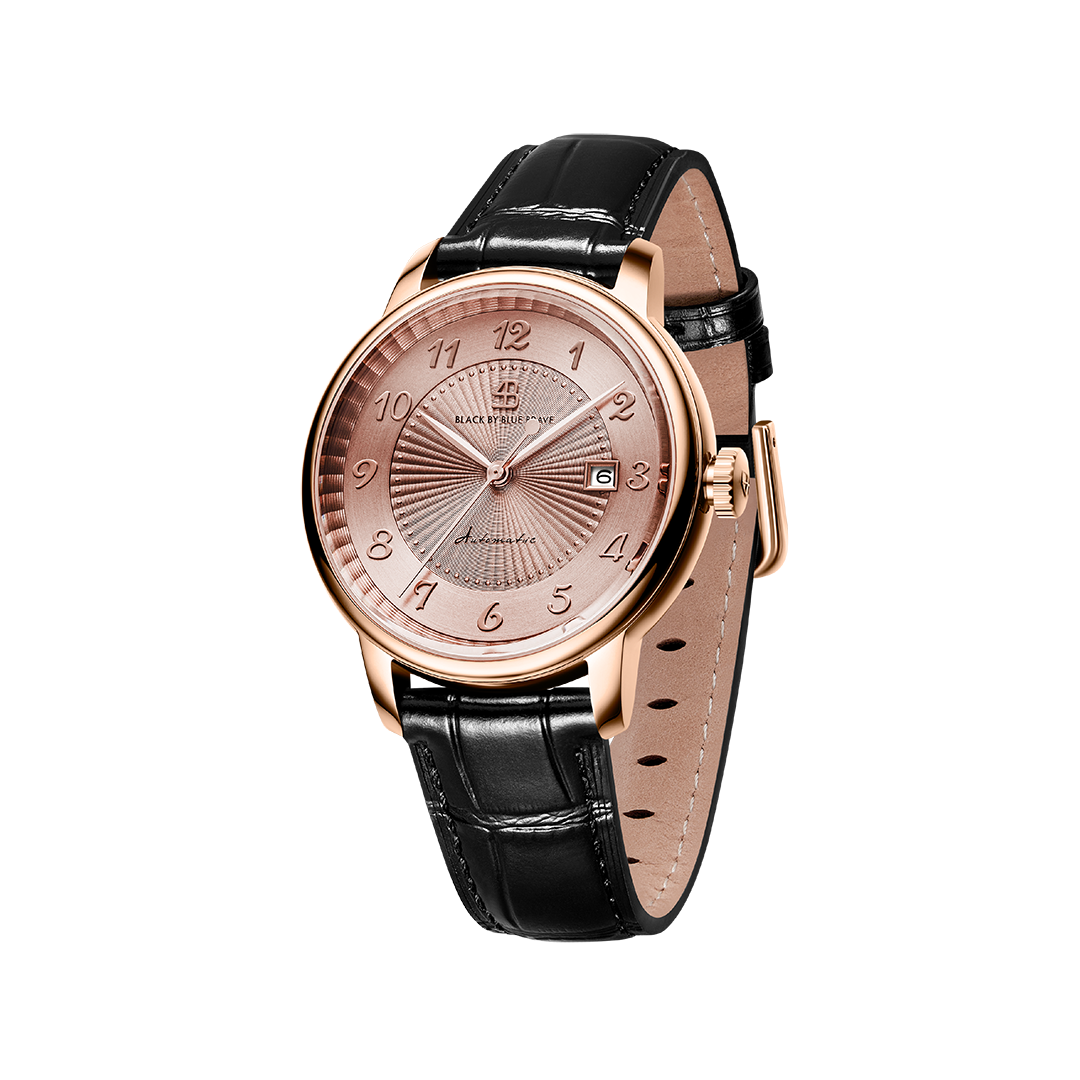 Classic 1986 42mm Flinqué Salmon Arabic Dial Black Leather Strap Automatic Watch - 4B1220 - front - Black By Blue Brave