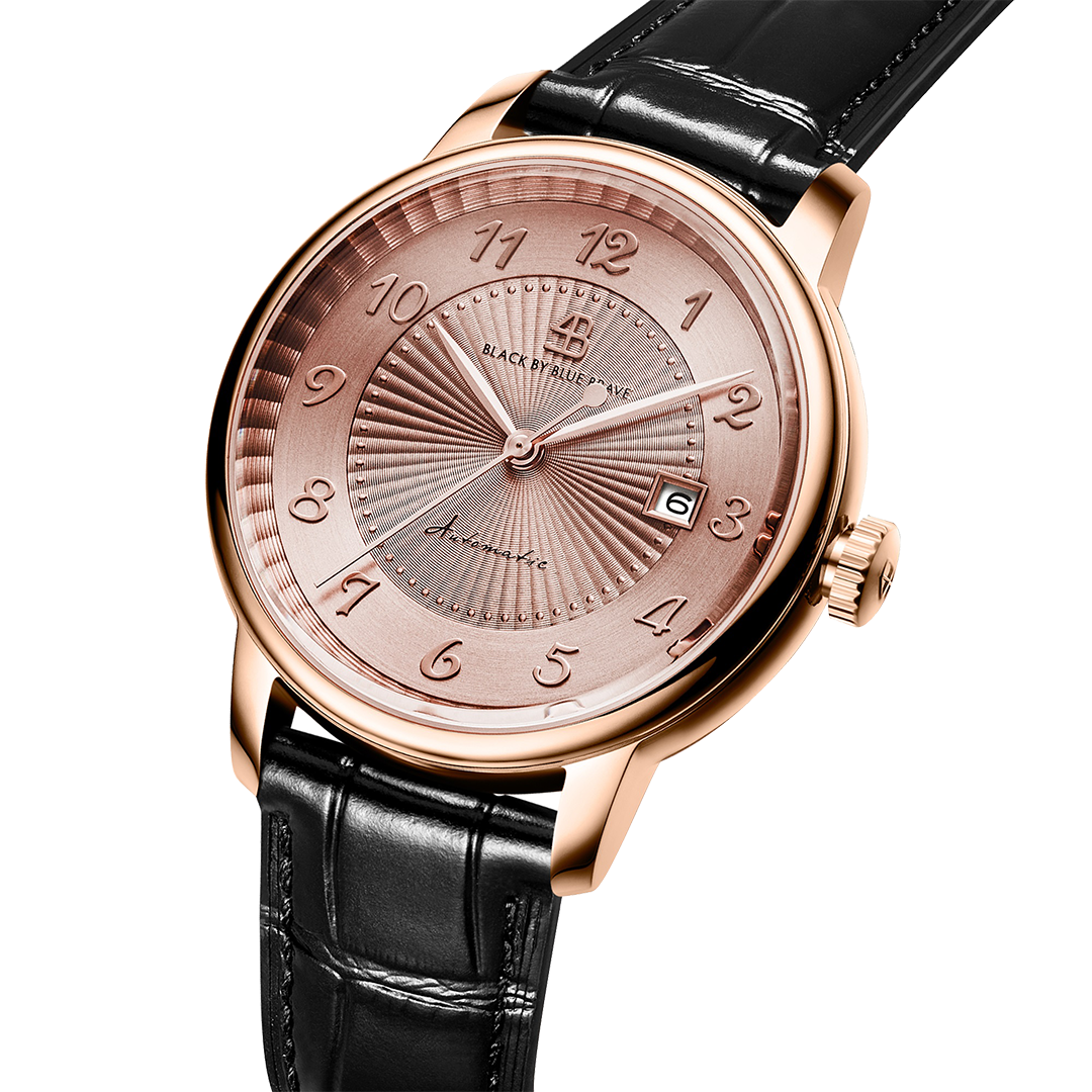 Classic 1986 42mm Flinqué Salmon Arabic Dial Black Leather Strap Automatic Watch - 4B1220 - side view - Black By Blue Brave