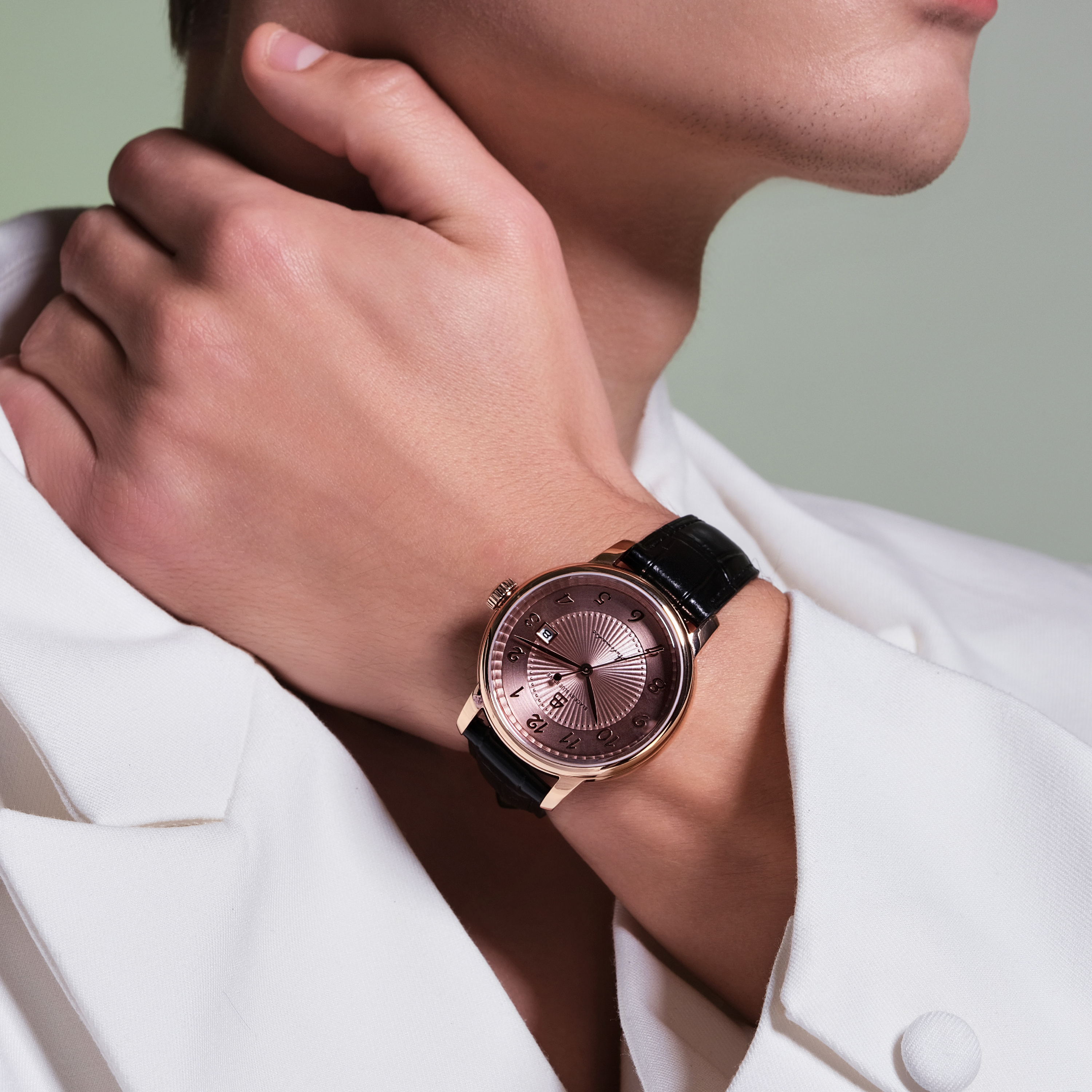 Classic 1986 42mm Flinqué Salmon Arabic Dial Black Leather Strap Automatic Watch - 4B1220 - wrist - Black By Blue Brave