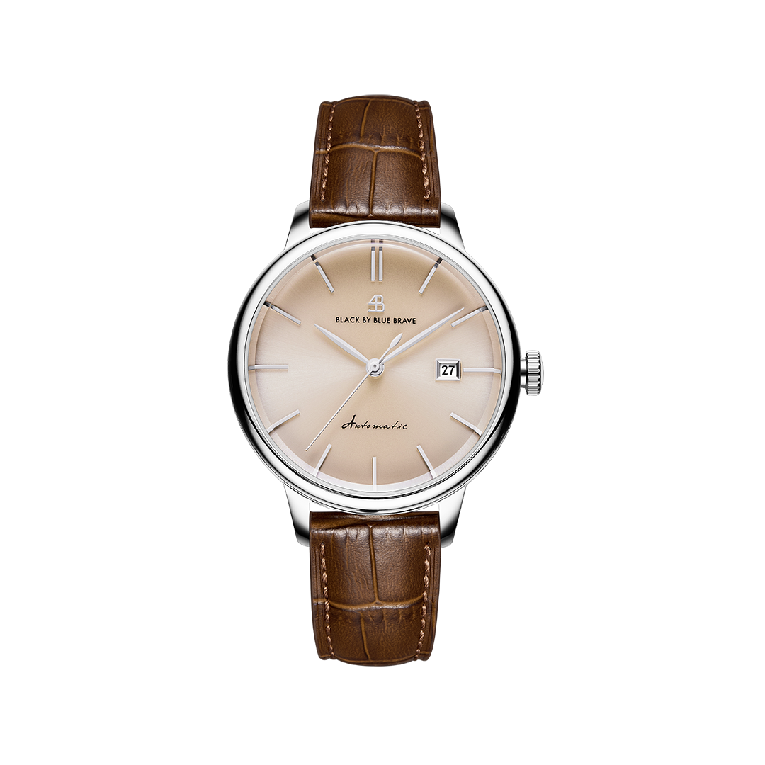 Classic 1986 42mm Ivory White Dial Domed Sapphire Glass Brown Leather Strap Automatic Watch - 4B2201 - front - Black By Blue Brave