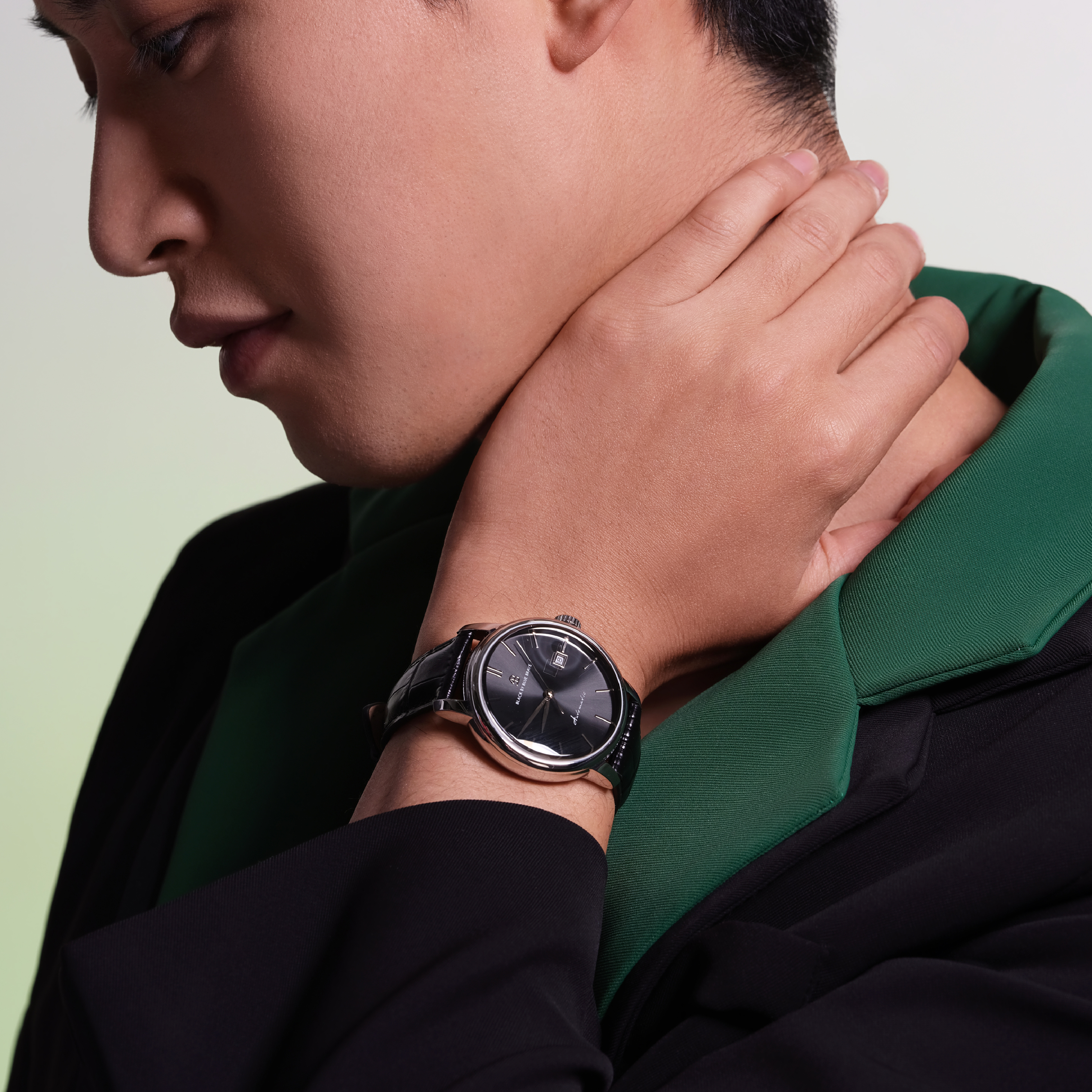 Classic 1986 42mm Black Dial Domed Sapphire Glass Leather Strap Automatic Watch - 4B2203 - wrist - Black By Blue Brave