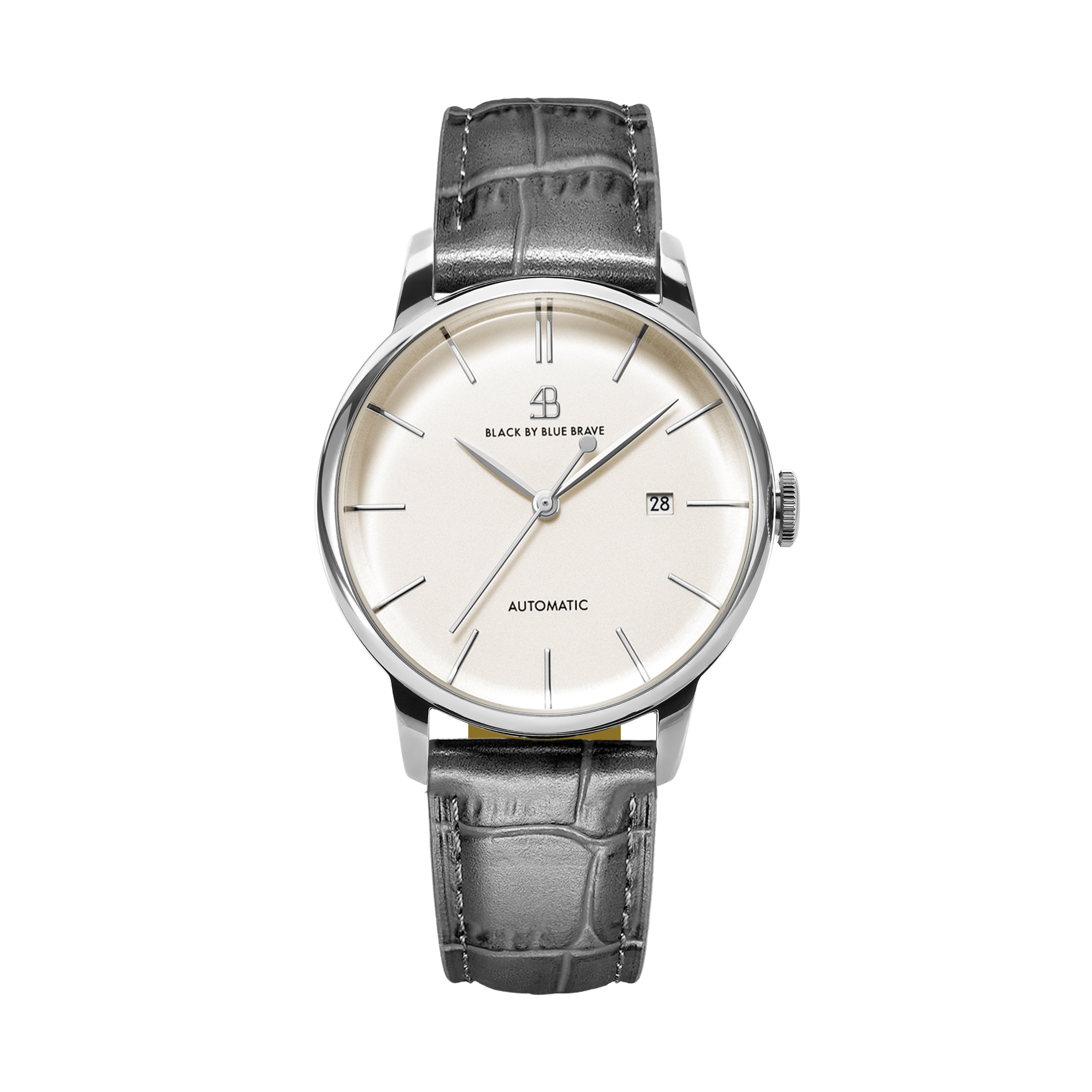 Classic 1986 42mm White Dial Grey Leather Strap Automatic Watch - 4B2202A - front - Black By Blue Brave
