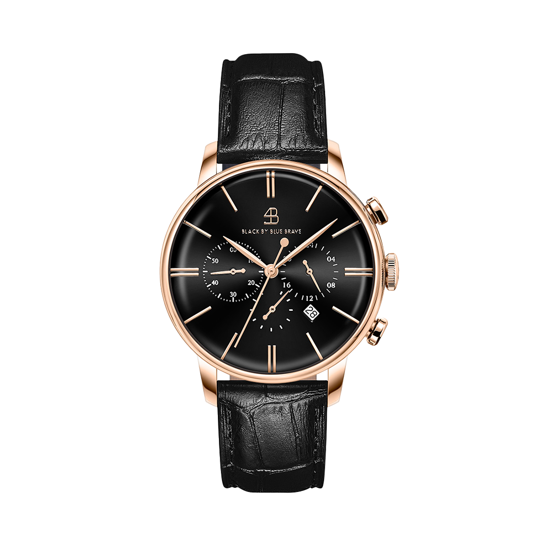 Classic 1986 42mm Chronograph Black Dial Rosegold Case Leather Strap Watch - 4B2211A - front - Black By Blue Brave
