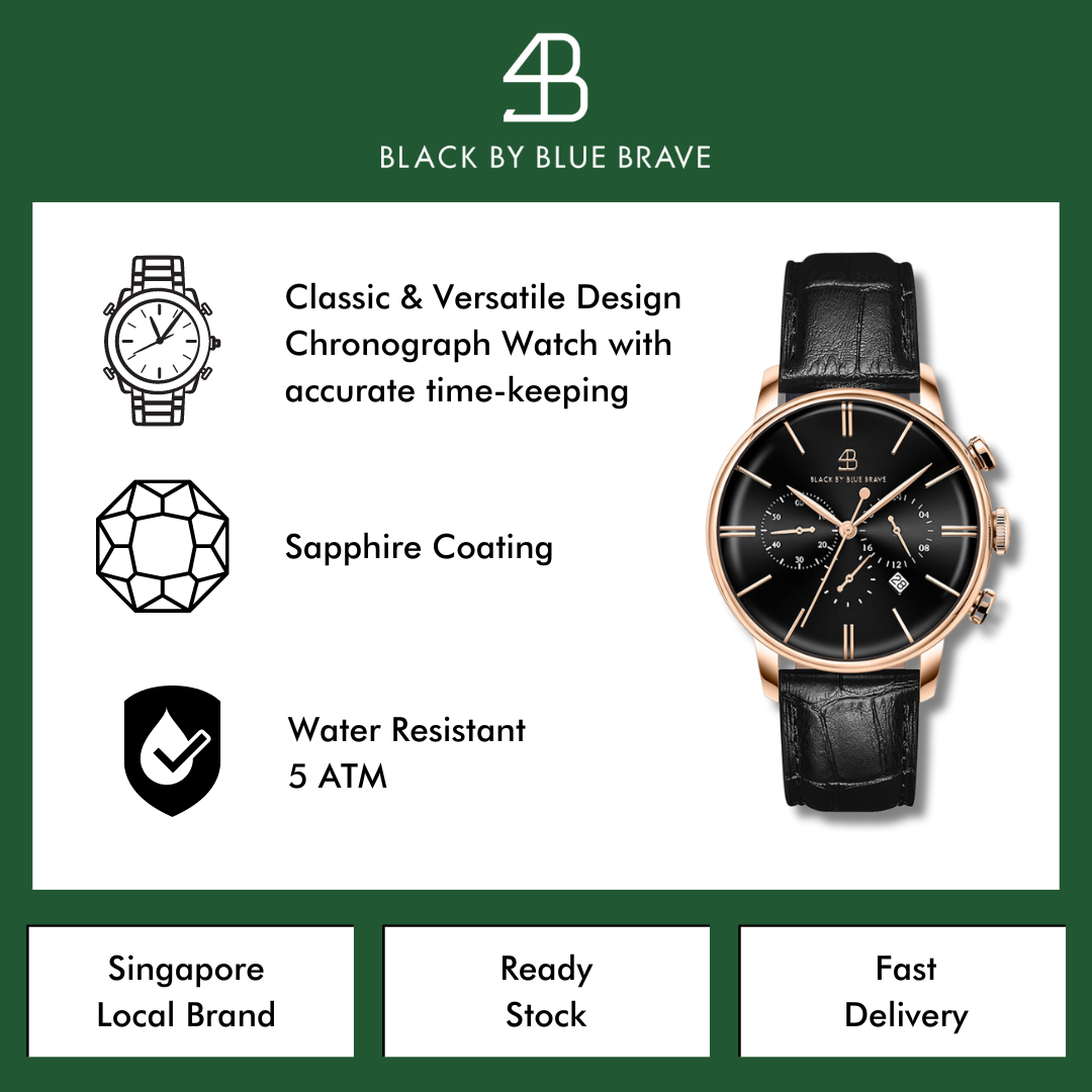 Classic 1986 42mm Chronograph Black Dial Rosegold Case Leather Strap Watch - 4B2211A - Selling point - Black By Blue Brave
