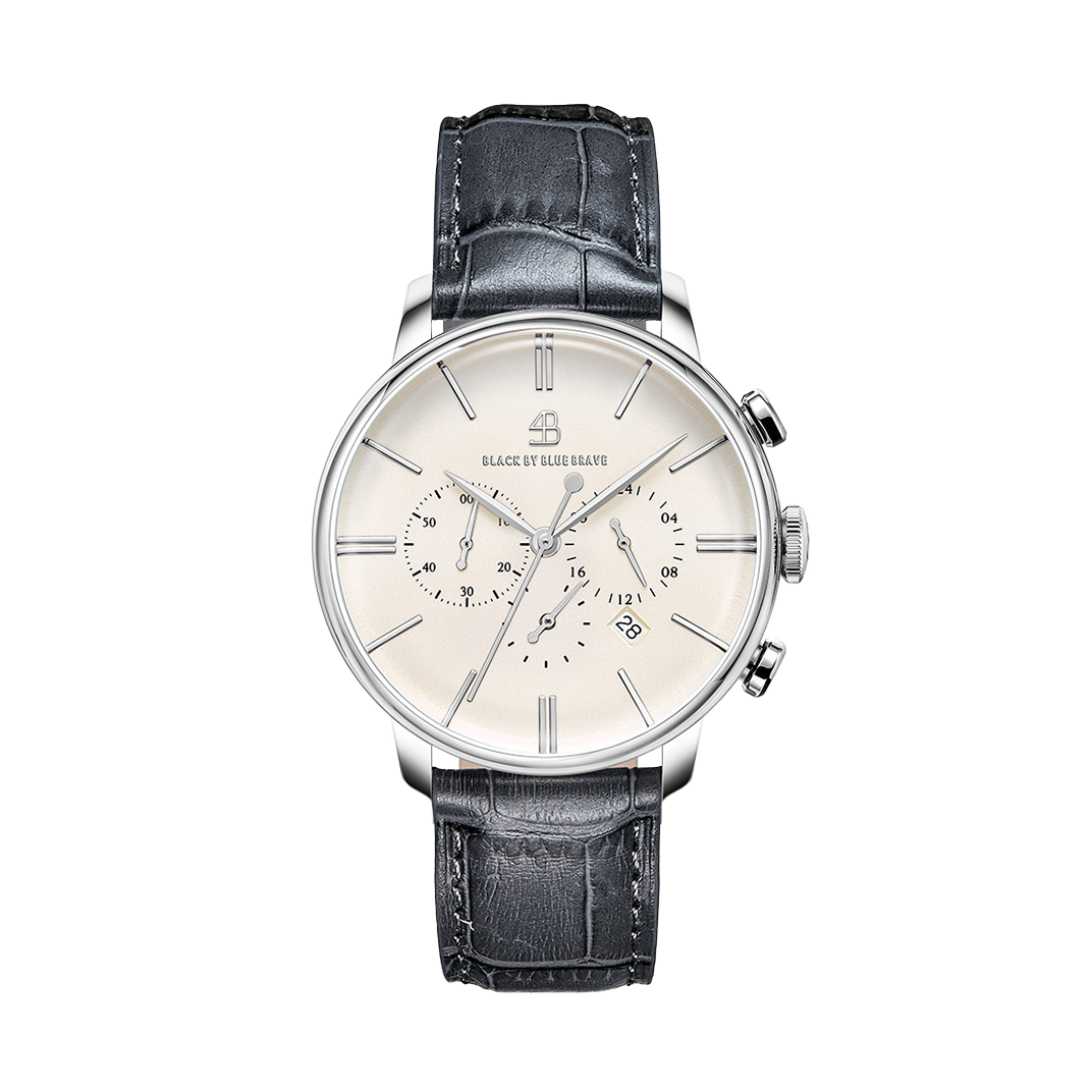 Classic 1986 42mm Chronograph Ivory White Dial Grey Leather Strap Watch - 4B2212 - front - Black By Blue Brave
