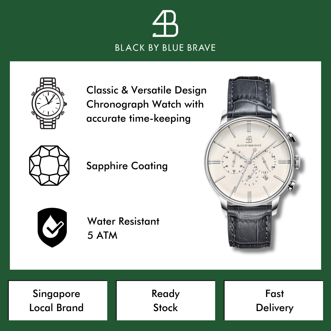 Classic 1986 42mm Chronograph Ivory White Dial Grey Leather Strap Watch - 4B2212 - Selling point - Black By Blue Brave
