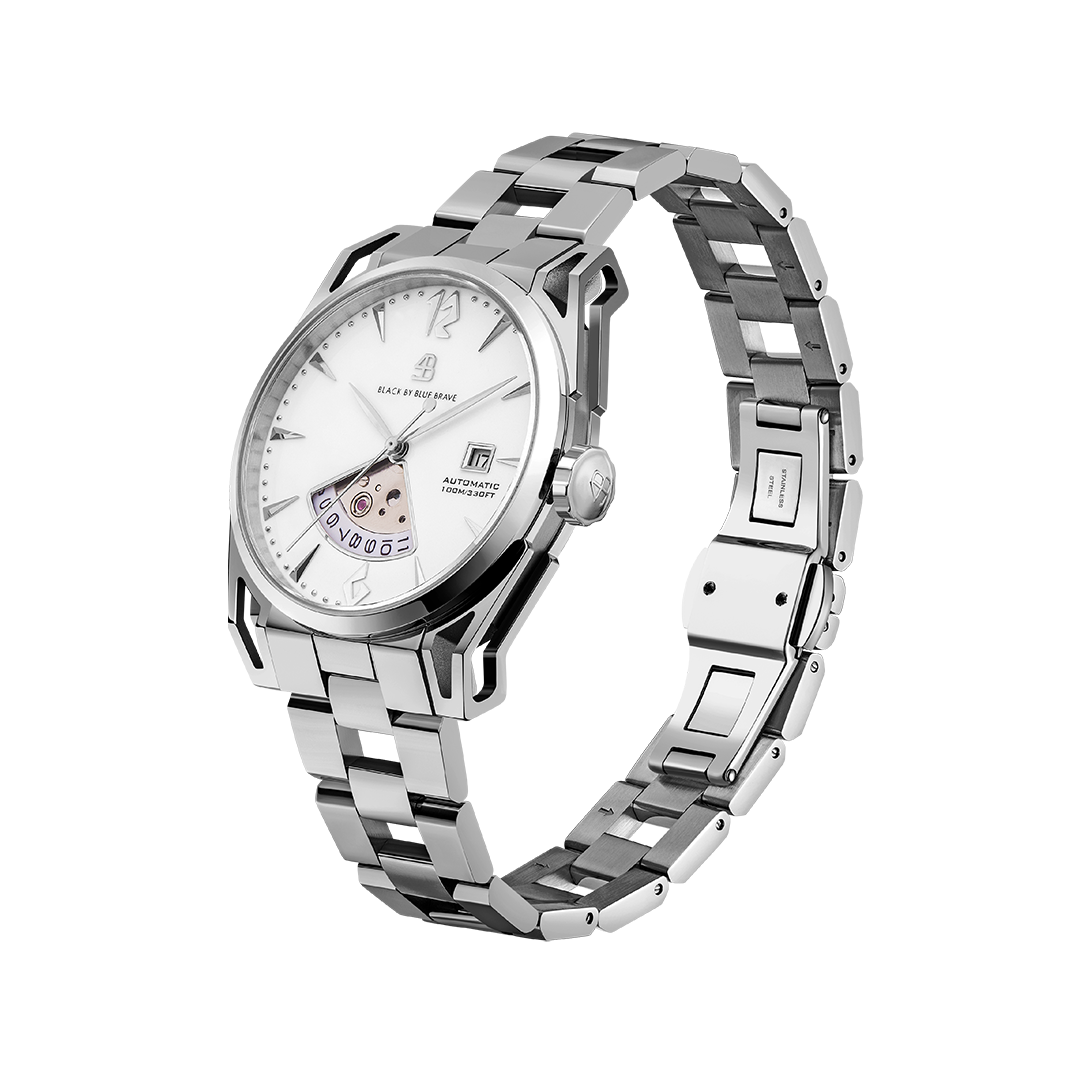 Classic 2024 40mm White Dial Silver Bracelet Automatic Watch - 4B1221 - side view - Black By Blue Brave