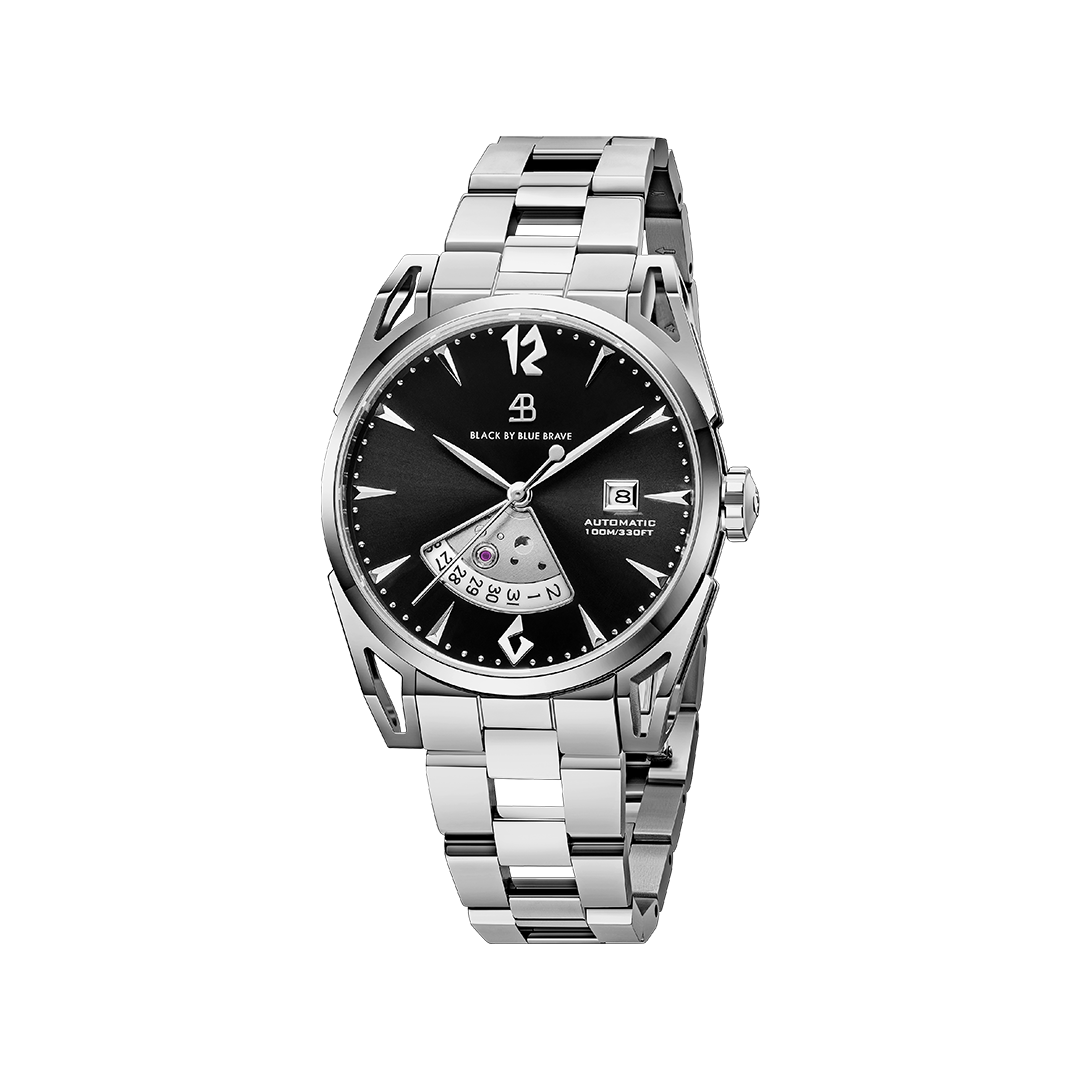 Classic 2024 40mm Black Dial Silver Bracelet Automatic Watch - 4B1222 - front - Black By Blue Brave