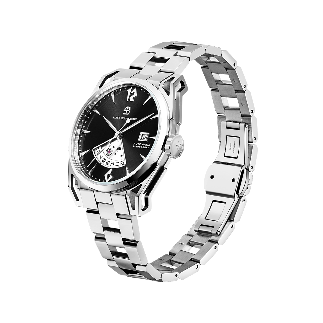 Classic 2024 40mm Black Dial Silver Bracelet Automatic Watch - 4B1222 - side view - Black By Blue Brave