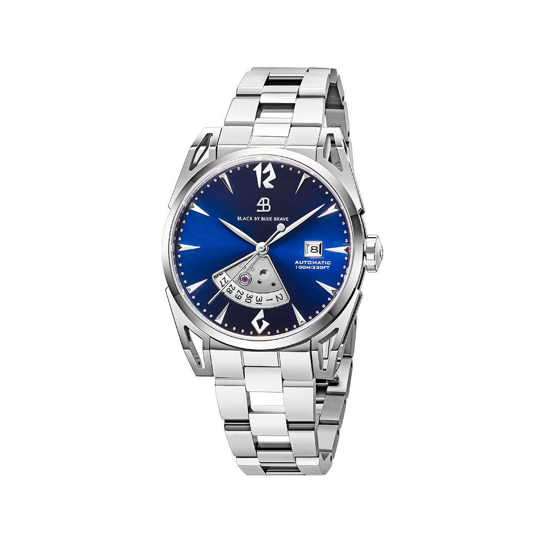 Classic 2024 40mm Blue Dial Silver Bracelet Automatic Watch - 4B1223 - front - Black By Blue Brave
